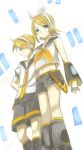  bad_id blonde_hair green_eyes hair_ornament hairclip kagamine_len kagamine_rin microphone midriff short_hair siblings twins vocaloid 