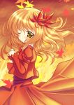  aki_shizuha autumn bad_id blonde_hair blush highres leaf maple_leaf pink_(pixiv58447) popi_(pixiv) short_hair solo touhou wink yellow_eyes 