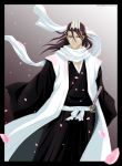  black_hair bleach haori highres japanese_clothes kuchiki_byakuya long_hair male petals scarf shinigami solo sword taichou_haori weapon 