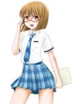  brown_hair glasses hagiwara_yukiho idolmaster necktie plaid plaid_skirt rough_time_school school_uniform short_hair skirt sugar_(artist) tartan 