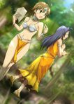  bikini_top blue_hair brown_hair cosplay dragon_quest dragon_quest_iv dress green_eyes hoshii_miki idolmaster loincloth long_hair manya manya_(cosplay) minea minea_(cosplay) miura_azusa parody pointing short_hair umiichi_kurage yellow_dress 