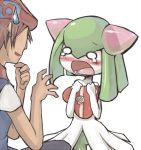  1boy blush d: diamond_(pokemon) kirlia kouki_(pokemon) kouki_(pokemon)_(classic) lowres masha pokemon pokemon_(creature) pokemon_(game) pokemon_dppt pokemon_trainer sweatdrop tears twintails valentine 