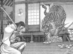  highres irako_seigen iwamoto_kogan katana manga manly monochrome mouth_hold shigurui sword tiger weapon 
