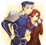  bazett_fraga_mcremitz fate/hollow_ataraxia fate/stay_night fate_(series) formal hug hug_from_behind lancer pant_suit suit 