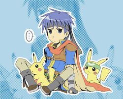  1boy alternate_costume artist_request belt blue_eyes blue_hair cape fire_emblem fire_emblem:_souen_no_kiseki fire_emblem_path_of_radiance gloves headband ike lowres pikachu pokemon pokemon_(creature) speech_bubble super_smash_bros. tail 