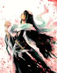  black_hair bleach haori japanese_clothes kuchiki_byakuya long_hair male petals scarf shinigami solo sword taichou_haori weapon 