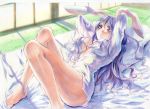  animal_ears bare_legs barefoot blush breasts bunny_ears dress_shirt feet futon kobanzame large_breasts lavender_hair legs long_hair lying marker_(medium) morning naked_shirt no_bra on_back open_clothes open_shirt rabbit_ears red_eyes reisen_udongein_inaba shirt solo tatami touhou traditional_media unbuttoned 