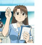  azumanga_daioh book brown_eyes brown_hair chalk glasses long_hair mizuhara_koyomi school_uniform 