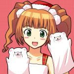  bear brown_hair christmas green_eyes hand_puppet hat idolmaster long_hair lowres puppet puppets santa_hat sock_puppets solo takatsuki_yayoi twintails 