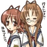 2girls brown_eyes brown_hair clannad furukawa_nagisa furukawa_sanae glasses inoue_kikuko long_hair lowres mother_and_daughter school_uniform seiyuu_connection seiyuu_joke short_hair summer_uniform tane translated