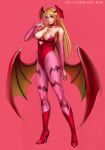  1girl alternate_color bare_shoulders bat_print bat_wings blonde_hair blue_eyes boots breasts bridal_gauntlets capcom choker cleavage clothing_cutout collar covered_navel curvy cutout_above_navel demon_girl elbow_gloves female full_body gloves hand_up head_wings headwings heart heart_cutout high_heel_boots high_heels highleg highleg_leotard large_breasts legs leotard lipstick long_hair long_legs morrigan_aensland pantyhose patterned_legwear pink_background pink_legwear pink_pantyhose print_legwear print_pantyhose red_boots red_footwear red_leotard ryu&#039;s_form ryu_(artist) ryu_(ryu&#039;s_former_site) shoes simple_background solo standing strapless strapless_leotard succubus tattoo vampire_(game) wings 