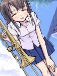  blush brown_hair closed_eyes cloud clouds instrument instruments long_hair lowres oekaki skirt sky smile takayaki trombone 