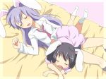  2girls animal_ears bad_id bed_sheet black_hair bunny_ears crossed_arms dress dress_shirt feet girl_on_top inaba_tewi long_hair lying maruki_(punchiki) multiple_girls necktie on_back on_stomach open_mouth pink_dress purple_hair rabbit_ears reisen_udongein_inaba shirt short_hair sleeping socks touhou 