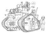  artist_request caterpillar_tracks drill_hair headphones japanese_clothes long_hair maid military military_vehicle monochrome source_request tank vehicle 