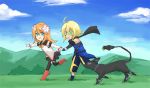  1girl blonde_hair blue_eyes blush brown_hair cloud clouds emil_castagnier fang flower gloves green_eyes marta_lualdi running scarf sky tail tales_of_(series) tales_of_symphonia tales_of_symphonia_knight_of_ratatosk tenebrae thighhighs 