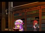  3girls blonde_hair book bookshelf crescent cup hat head_wings hiding kirisame_marisa kitsune_(kazenouta) koakuma letterboxed library multiple_girls patchouli_knowledge purple_hair reading red_hair redhead teacup touhou voile wallpaper wings witch_hat 