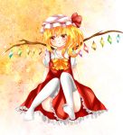  1girl arms_behind_back blonde_hair bow flandre_scarlet gradient gradient_background hat hat_ribbon head_tilt highres knees_up looking_at_viewer mob_cap no_shoes parted_lips red_eyes ribbon short_hair short_sleeves sitting skirt skirt_set solo thigh-highs tokiha_tsubomi touhou wings 