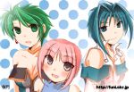  aya_kobayashi bare_shoulders blue_eyes blue_hair breasts cleavage earrings green_eyes green_hair jewelry kobayashi_aya kobayashi_mai lowres mai_kobayashi multiple_girls pink_eyes pink_hair short_hair super_robot_wars super_robot_wars_original_generation viletta_badam viletta_vadim 