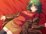  blue_eyes cloak green_hair lying nishimata_aoi short_hair sore_wa_maichiru_sakura_no_you_ni sweater thigh-highs thighhighs yaegashi_tsubasa zettai_ryouiki 