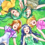  beret blonde_hair blue_hair blush bow brown_hair circle_formation closed_eyes dress from_above furude_rika green_eyes green_hair hairband hand_holding hat headband higurashi_no_naku_koro_ni holding_hands houjou_satoko long_hair lying multiple_girls open_mouth ryuuguu_rena short_hair siblings smile sonozaki_mion sonozaki_shion thigh-highs thighhighs twins yukka zettai_ryouiki 