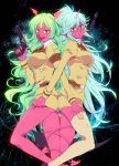  blue_hair demon_girl double_gold_lacytanga double_gold_spandex fang glasses green_hair gun horns kneesocks_(character) kneesocks_(psg) long_hair mofuko multiple_girls orange_eyes panties pantiesgun panty_&amp;_stocking_with_garterbelt red_skin scanty scanty_(psg) school_uniform scythe skirt tail thigh-highs thighhighs underwear very_long_hair weapon 