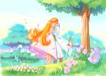  blonde_hair dress flower forest kiss long_hair marl_kingdom nature nippon_ichi nomura_ryouji sword 