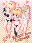  3girls adult barefoot bikini blonde_hair blue_eyes brown_hair crown elf feet frying_pan gun human hylian koei_tecmo long_hair super_mario_bros. marono_piyoichi maruno_kiyoichi metroid multiple_girls nintendo nintendo_ead pointy_ears ponytail princess_peach princess_zelda retro_studios samus_aran sora_(company) star stars super_mario_bros. super_smash_bros. super_smash_bros_brawl swimsuit teenage the_legend_of_zelda the_legend_of_zelda:_twilight_princess weapon 