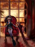  bicorne blonde_hair blue_eyes bullet chair glasses hat highres original sitting solo st.microscope stm thigh-highs thighhighs weapon window 