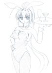  aoba_mizuki between_breasts blue breasts bunny_ears bunnysuit fishnet_pantyhose fishnets glasses lighter long_hair monochrome pantyhose ponytail rabbit_ears serving_tray sketch tray 