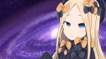  1girl :o abigail_williams_(fate/grand_order) bangs black_bow black_dress black_hat blonde_hair blue_eyes blush bow dress fate/grand_order fate_(series) forehead galaxy hair_bow hand_up hat long_hair long_sleeves looking_at_viewer orange_bow parted_bangs parted_lips polka_dot polka_dot_bow ro_(aahnn) sleeves_past_fingers sleeves_past_wrists solo very_long_hair 