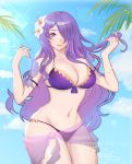  1girl absurdres artist_name bikini blue_sky breasts camilla_(fire_emblem_if) cleavage commentary cowboy_shot english_commentary enlay fire_emblem fire_emblem_heroes hair_ornament hair_over_one_eye hair_twirling highres large_breasts long_hair looking_at_viewer nail_polish navel pale_skin sarong signature sky smile solo swimsuit very_long_hair watermark 