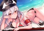  1girl arm_up armband ass bad_anatomy bad_proportions bangs bare_shoulders beach bikini black_bikini black_footwear black_hat black_legwear blush bolt_action boots breasts cleavage collarbone commentary day eyebrows_visible_through_hair girls_frontline hair_between_eyes hat iron_cross kar98k_(girls_frontline) long_hair looking_at_viewer lying mauser_98 medium_breasts military_hat navel object_namesake ocean on_stomach outdoors parted_lips peaked_cap red_eyes ryuinu sand side-tie_bikini silver_hair solo swimsuit thigh-highs thigh_boots very_long_hair water weapon 
