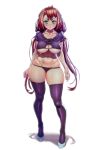  1girl breasts brown_hair collarbone green_eyes high_heels highres large_breasts long_hair looking_at_viewer navel nikita_varb original pout purple_legwear shirt simple_background solo standing thick_thighs thigh-highs thighs torn_clothes torn_shirt twintails under_boob white_background wide_hips 