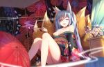  1girl animal_ears bare_legs blue_eyes blue_hair breasts cleavage flower fox_ears fox_tail hair_between_eyes hatsune_miku japanese_clothes long_hair medium_breasts mobu_(wddtfy61) multiple_tails obi off_shoulder open_mouth oriental_umbrella sash sitting solo tail twintails umbrella very_long_hair vocaloid 