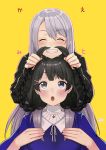  2girls black_eyes black_hair blush braid closed_eyes dated eyebrows_visible_through_hair hair_ornament hairclip higuchi_kaede jewelry long_hair looking_up miniru mole multiple_girls nijisanji pendant puffy_sleeves silver_hair smile tagme tsukino_mito twin_braids twitter_username yellow_background 