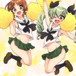  2girls :d ;d adapted_uniform alternate_costume anchovy arm_up bangs black_legwear black_neckwear black_ribbon blouse brown_eyes brown_footwear brown_hair cheerleader commentary drill_hair girls_und_panzer green_hair green_skirt hair_ribbon holding holding_pom_poms jumping kari_okome legs loafers long_hair looking_at_viewer microskirt midriff multiple_girls neckerchief nishizumi_miho one_eye_closed ooarai_school_uniform open_mouth pleated_skirt pom_poms red_eyes ribbon school_uniform serafuku shoes short_hair skirt sleeveless_blouse smile socks twin_drills twintails twitter_username v-shaped_eyebrows w_arms white_blouse yellow_background 