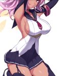  1girl armpits arms_up black_legwear breasts covered_navel dark_skin garter_straps large_breasts magical_girl miyamoto_issa mole mole_under_eye original parted_lips pink_eyes pink_hair pleated_skirt sailor_collar sailor_shirt shirt sideboob skirt solo symbol-shaped_pupils thigh-highs work_in_progress 