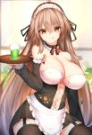  1girl :q absurdres alternate_costume apron bangs bare_shoulders black_legwear black_ribbon black_skirt blush bodypaint breasts brown_hair cafeteria character_name chixiao cleavage closed_mouth collarbone day detached_collar detached_sleeves erect_nipples eyebrows_visible_through_hair frilled_sleeves frills garter_straps girls_frontline hair_between_eyes hair_ribbon head_tilt heart highres holding holding_tray indoors ithaca_m37_(girls_frontline) large_breasts long_hair looking_at_viewer maid maid_headdress main navel no_bra orange_eyes paw_print_pattern ribbon sidelocks skirt smile solo stomach thigh-highs tongue tongue_out tray very_long_hair window 