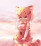  1girl animal_ears belt blonde_hair blush bow bowtie cat_ears cat_tail clouds cowboy_shot crying crying_with_eyes_open extra_ears eyebrows_visible_through_hair gloves hand_up high-waist_skirt kemono_friends matsuu_(akiomoi) outdoors print_gloves print_neckwear print_skirt sand_cat_(kemono_friends) sand_cat_print shirt skirt skirt_hold sky sleeveless sleeveless_shirt solo tail tears white_belt white_gloves wiping_tears yellow_eyes yellow_skirt 