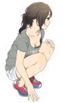 1girl bra brown_hair brown_shirt commentary_request full_body mattaku_mousuke original ponytail shirt shoes shorts simple_background sneakers solo squatting t-shirt underwear white_background 