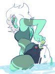  1girl 1other arched_back backless_outfit fishing green_eyes green_skin malachite_(steven_universe) partially_submerged simple_background sleeveless steven_universe water watermelon_steven white_background white_hair 