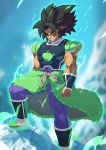  1boy angry armor armored_boots arms_at_sides aura bare_arms black_hair boots breastplate broly bulge chest choker clenched_hand closed_mouth commentary day dragon_ball dragon_ball_super english_commentary glowing glowing_eyes highres light_trail long_hair looking_at_viewer male_focus muscle outdoors pointy_hair redesign scar shoulder_armor signature skin_tight solo spaulders standing thick_eyebrows tovio_rogers v-shaped_eyebrows vambraces yellow_eyes 