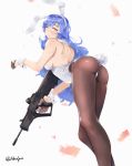  1girl animal_ears ass assault_rifle bangs bare_shoulders blue_hair blush bow breasts bullpup bunny_girl bunnysuit closed_mouth girls_frontline gloves gun hair_between_eyes half_gloves headgear highleg holding holding_gun holding_weapon imi_tavor_tar-21 iruril large_breasts leaning_forward leotard long_hair looking_at_viewer looking_back pantyhose rabbit_ears rifle solo tar-21_(girls_frontline) twitter_username very_long_hair weapon white_leotard yellow_eyes 