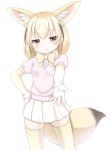  1girl animal_ears blonde_hair blush bow bowtie breast_pocket brown_eyes buttons cowboy_shot extra_ears eyebrows_visible_through_hair fennec_(kemono_friends) fox_ears fox_tail fur_trim gloves hand_on_hip kemono_friends looking_at_viewer matsuu_(akiomoi) miniskirt pink_sweater pleated_skirt pocket reaching_out short_sleeves simple_background skirt solo sweater tail thigh-highs white_background white_gloves white_skirt yellow_legwear yellow_neckwear zettai_ryouiki 