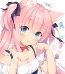  1girl ? animal_ears bangs bare_shoulders black_bow blue_eyes blush bow breasts cat_ears chestnut_mouth collarbone commentary eyebrows_visible_through_hair hair_between_eyes hair_bow hands_up head_tilt heart long_hair looking_at_viewer original parted_lips paw_pose pink_hair red_bow sazaki_ichiri small_breasts solo spoken_question_mark twintails white_background 