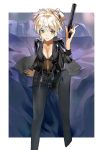  1girl artist_request bed blanket blonde_hair bra breasts girls_frontline green_eyes jacket_on_shoulders navel open_clothes open_shirt pantyhose pillow shadow shorts smile solo underwear welrod_mk2 welrod_mk2_(girls_frontline) 