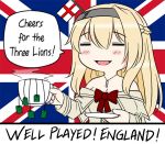  1girl 2018_fifa_world_cup =_= blonde_hair braid closed_eyes commentary dress england english english_commentary english_flag flag_background flower french_braid guin_guin jewelry kantai_collection long_hair long_sleeves necklace off-shoulder_dress off_shoulder red_flower red_ribbon red_rose ribbon rose solo tea teabag union_jack warspite_(kantai_collection) world_cup 