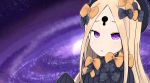  1girl :o abigail_williams_(fate/grand_order) bangs black_bow black_dress black_hat blonde_hair blush bow dress fate/grand_order fate_(series) forehead galaxy hair_bow hand_up hat keyhole long_hair long_sleeves looking_at_viewer orange_bow parted_bangs parted_lips polka_dot polka_dot_bow ro_(aahnn) sleeves_past_fingers sleeves_past_wrists solo very_long_hair violet_eyes 