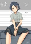  1girl alternate_costume asymmetrical_hair belt black_hair black_skirt brown_eyes character_name dress_shirt grey_shirt hair_ornament hairclip i-14_(kantai_collection) kantai_collection long_skirt looking_at_viewer shirt short_hair sitting skirt solo striped striped_background suzumura_kirie 