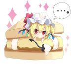  ... 1girl bangs blonde_hair blush bow closed_mouth commentary_request crystal eyebrows_visible_through_hair flandre_scarlet food hair_between_eyes hat hat_bow in_food laevatein looking_at_viewer lying milkpanda mob_cap on_stomach red_bow red_eyes simple_background solo sparkle spoken_ellipsis touhou white_background white_hat wings 